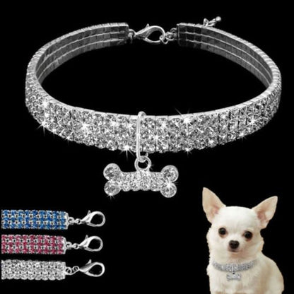 Stylish Rhinestone Dog Collar with Adjustable Fit – Glamorous Bone Pendant in Silver, Blue, or Pink 4