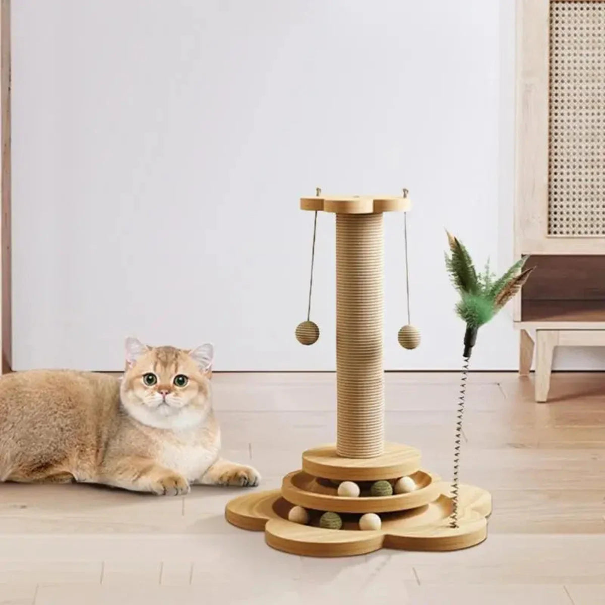 Sustainable Cat Tower with Sisal Scratching Post and Interactive Toys – Natural Wood Cat Tree for Active Play 2
