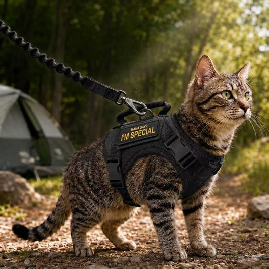 Tactical Cat Harness and Leash Set in camo, khaki, and black, featuring an adjustable and escape-proof vest designed for secure outdoor walks 0