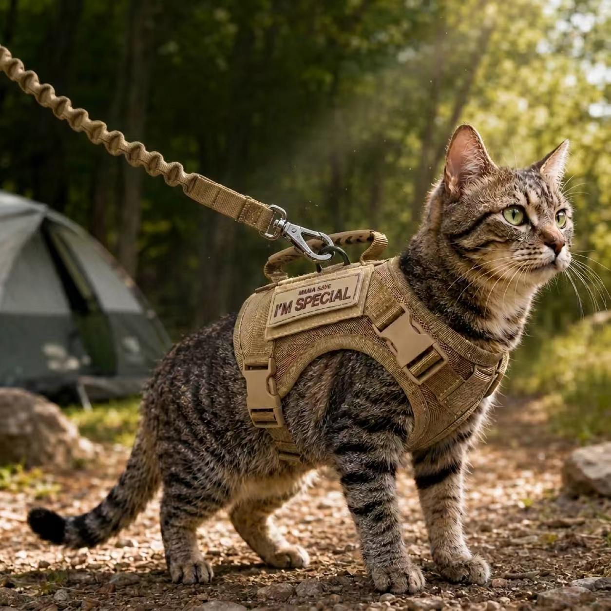 Tactical Cat Harness and Leash Set in camo, khaki, and black, featuring an adjustable and escape-proof vest designed for secure outdoor walks 10