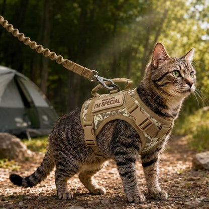 Tactical Cat Harness and Leash Set in camo, khaki, and black, featuring an adjustable and escape-proof vest designed for secure outdoor walks 9