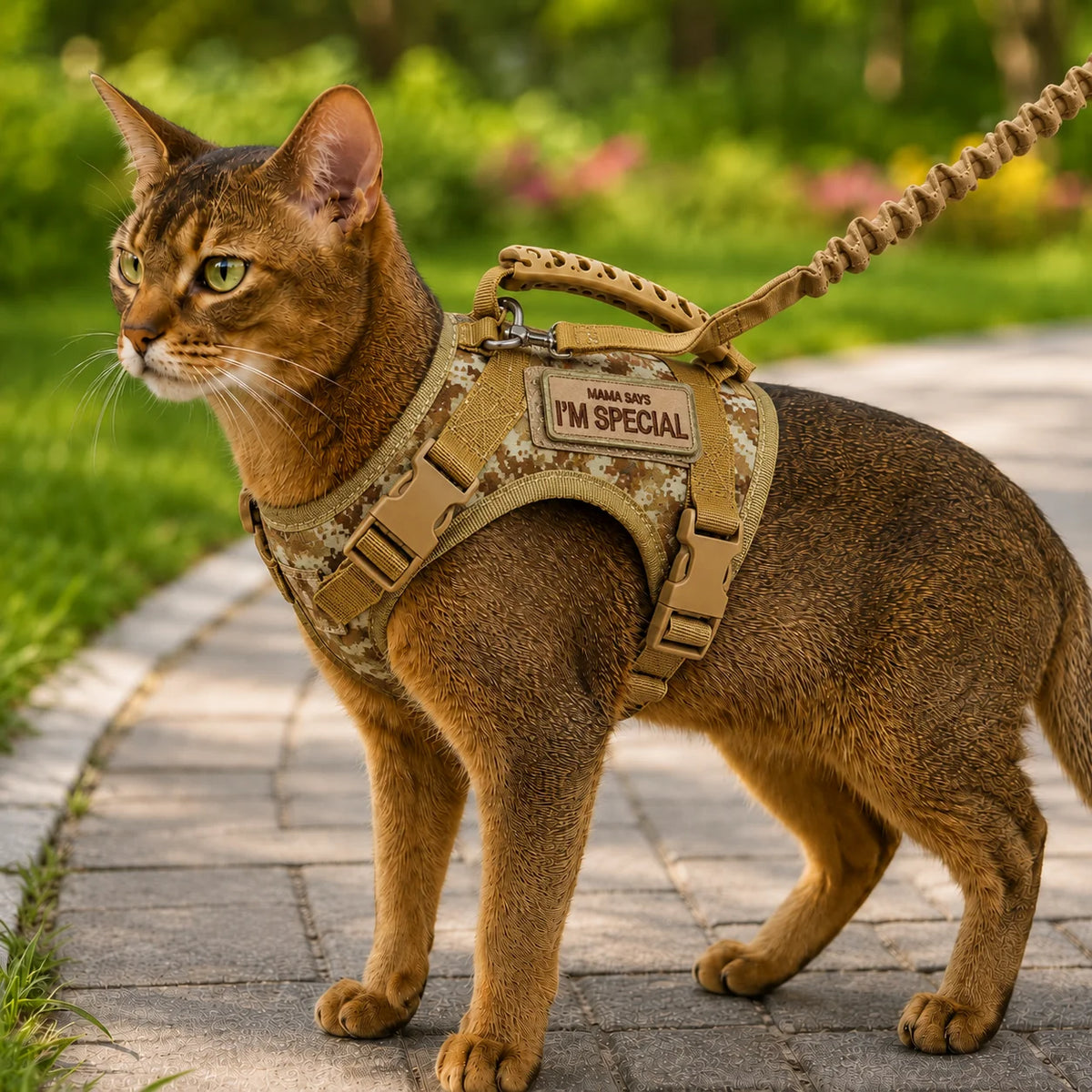 Tactical cat harness and leash set featuring an adjustable, escape-proof vest designed for outdoor adventures, made with breathable mesh for comfort and safety. 1