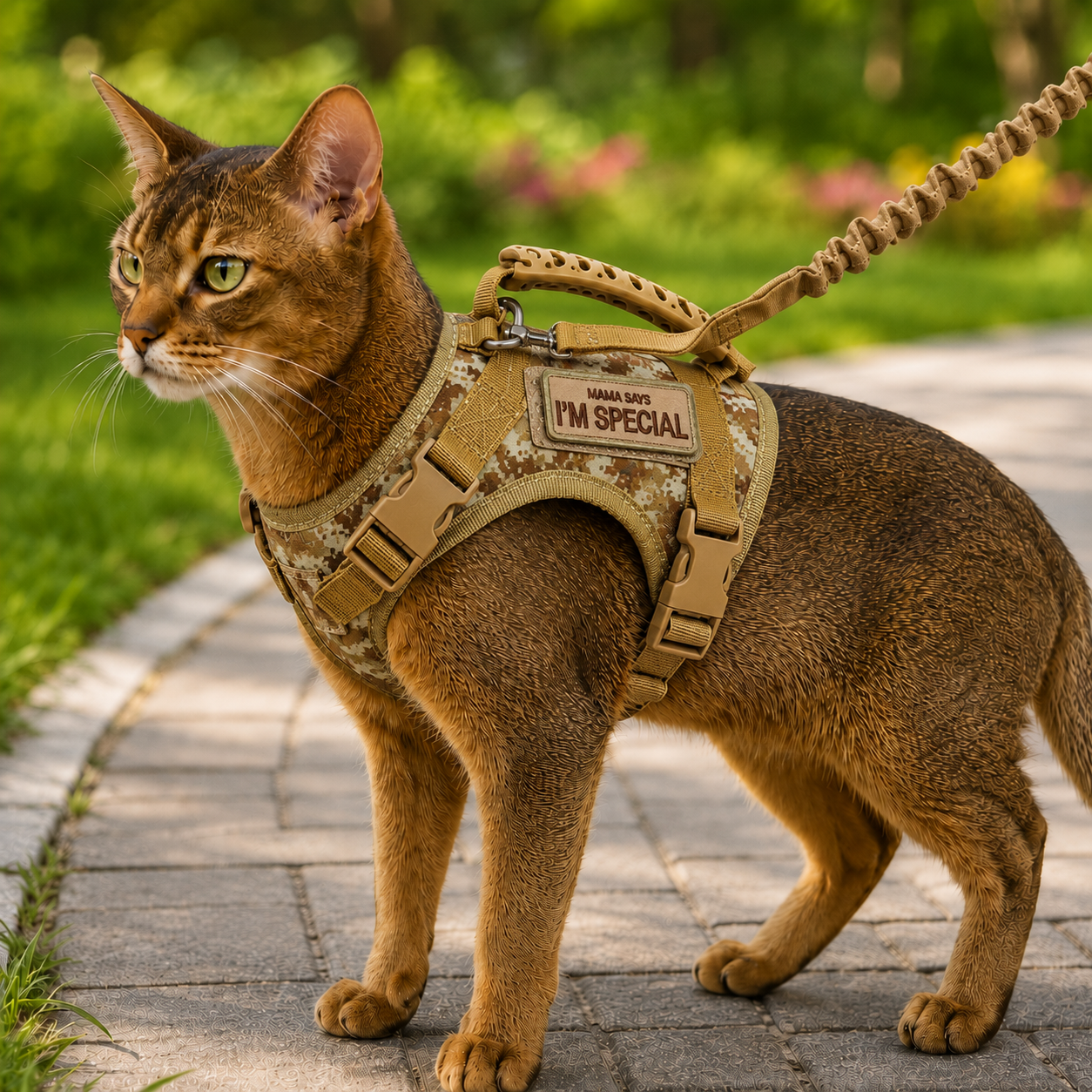 Tactical Cat Harness with Leash featuring an adjustable, escape-proof vest design, perfect for outdoor adventures, made with breathable mesh for comfort and safety. 1
