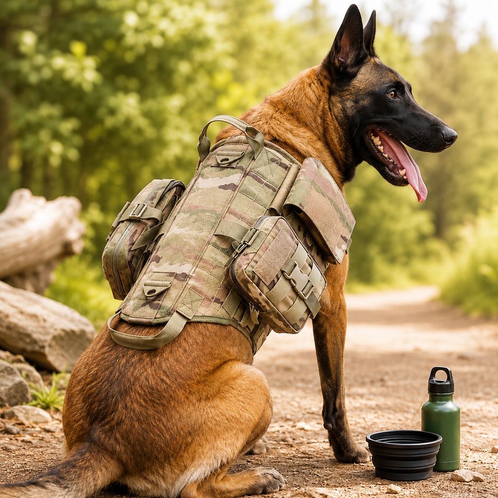 Tactical dog harness made from durable 600D nylon, featuring a sturdy handle and dual storage pouches, ideal for hiking and training adventures. 0