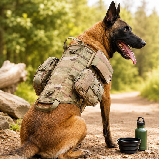 Tactical dog harness made from durable 600D nylon, featuring a sturdy handle and dual storage pouches, ideal for hiking and training adventures. 0