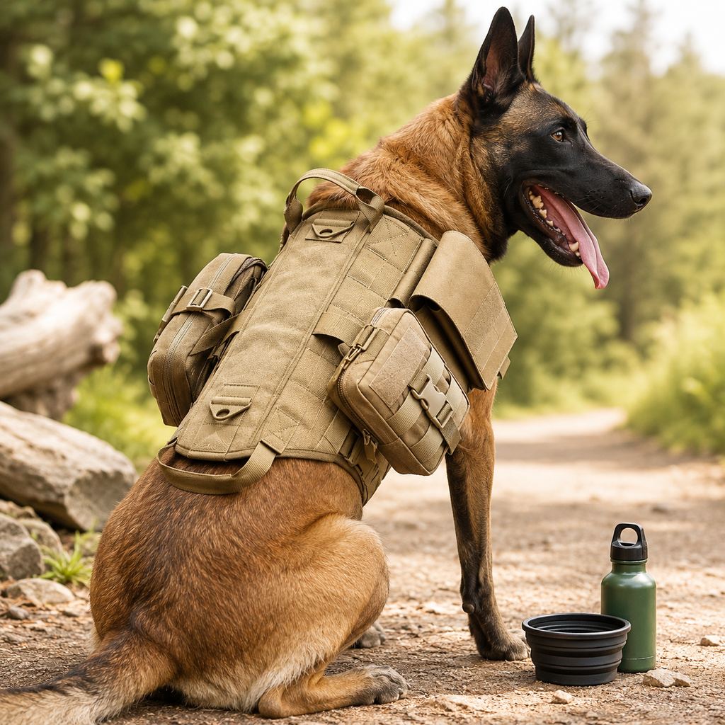 Tactical dog harness made from durable 600D nylon, featuring a sturdy handle and dual storage pouches, ideal for hiking and training adventures. 1
