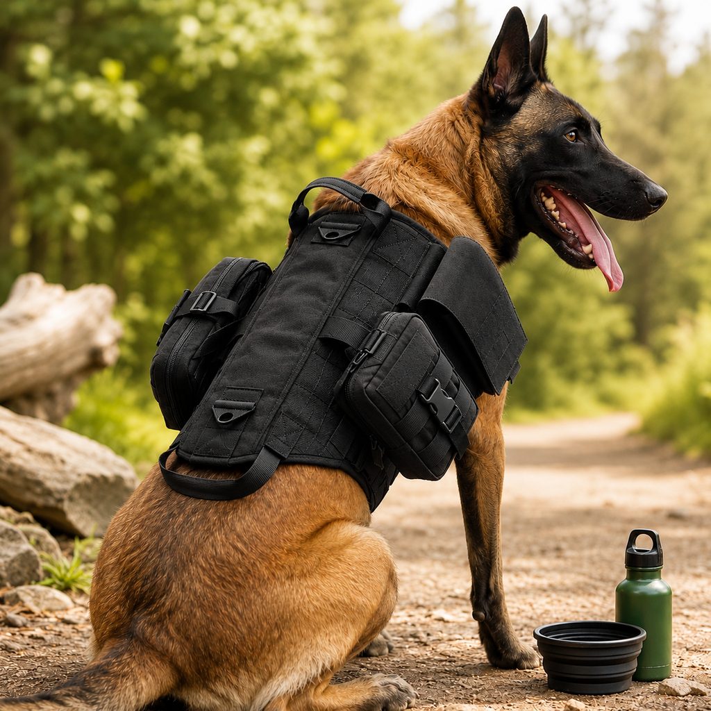 Tactical dog harness made from durable 600D nylon, featuring a sturdy handle and dual storage pouches, ideal for hiking and training adventures. 10