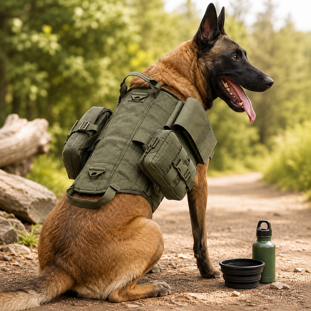 Tactical dog harness made from durable 600D nylon, featuring a sturdy handle and dual storage pouches, ideal for hiking and training adventures. 9