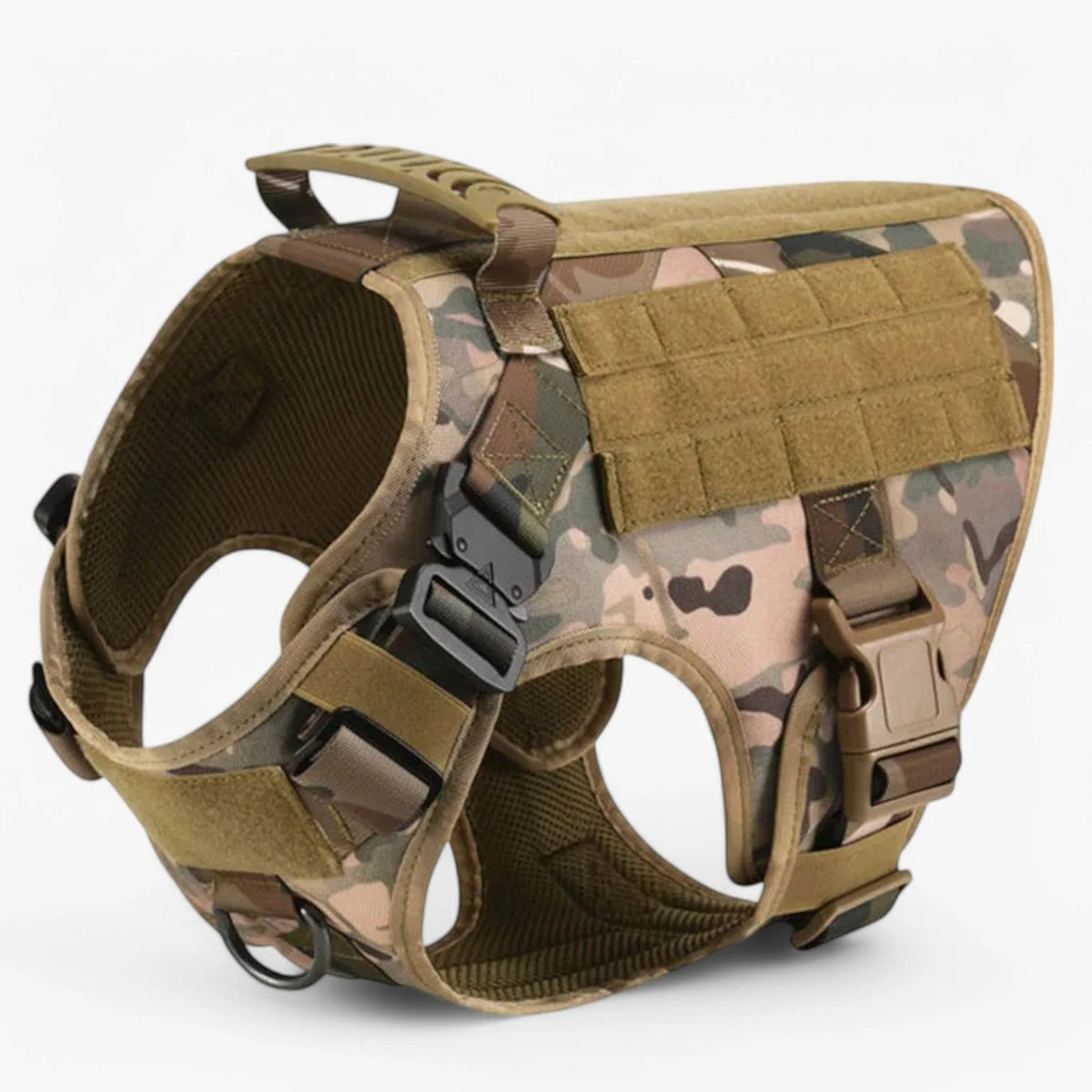 Tactical dog harness made from durable military-grade nylon, featuring a quick-release system and a sturdy handle for enhanced training and control. 0