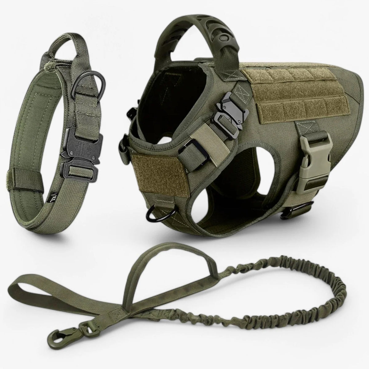 Tactical dog harness made from durable military-grade nylon, featuring a quick-release system and a sturdy handle for enhanced training and control. 10