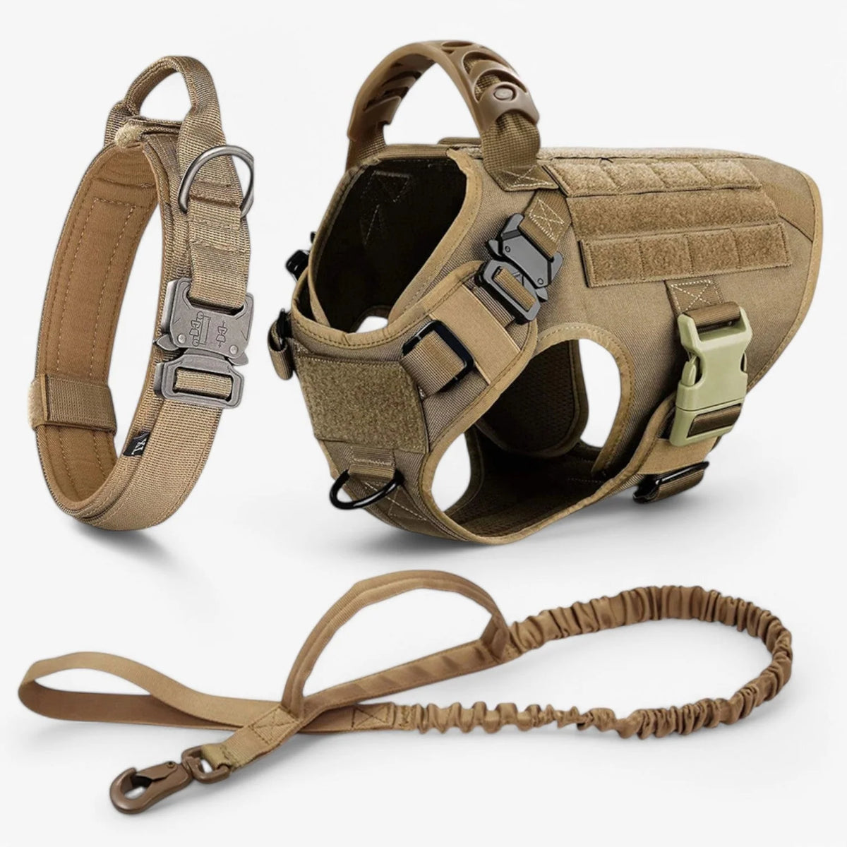 Tactical dog harness made from durable military-grade nylon, featuring a quick-release system and a sturdy handle for enhanced training and control. 11