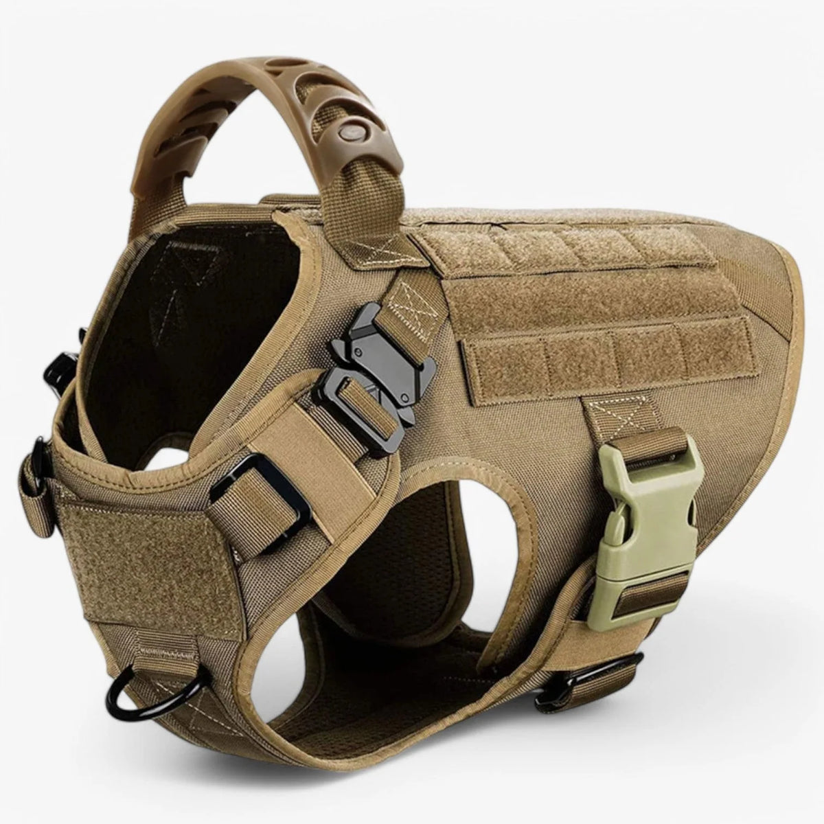 Tactical dog harness made from durable military-grade nylon, featuring a quick-release system and a sturdy handle for enhanced training and control. 6