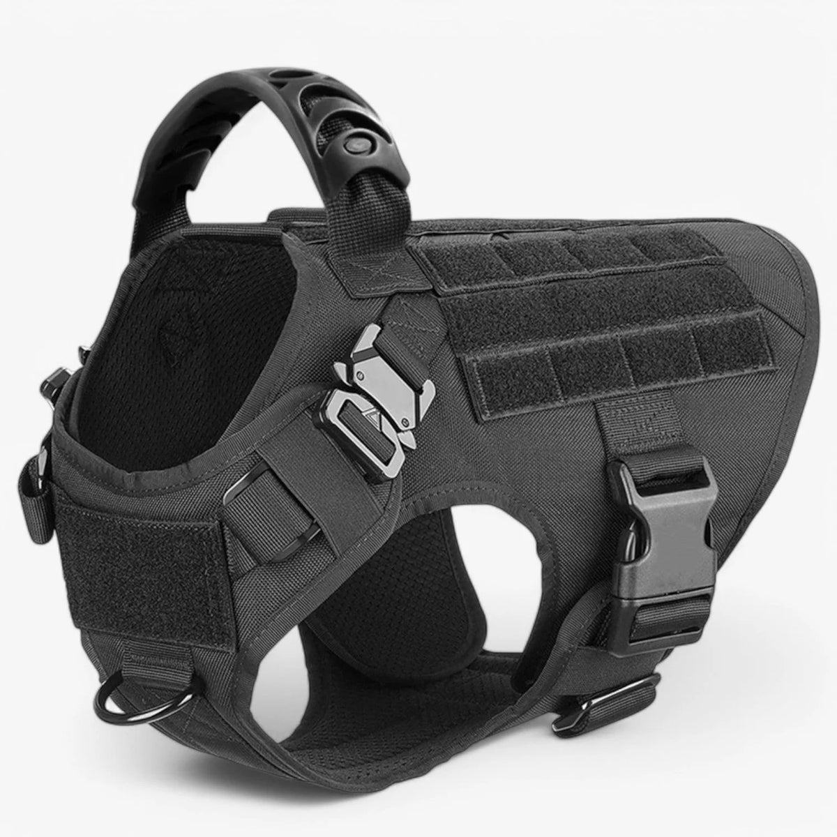 Tactical dog harness made from durable military-grade nylon, featuring a quick-release system and a sturdy handle for enhanced training and control. 8