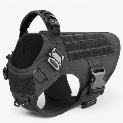 Tactical dog harness made from durable military-grade nylon, featuring a quick-release system and a sturdy handle for enhanced training and control. 8