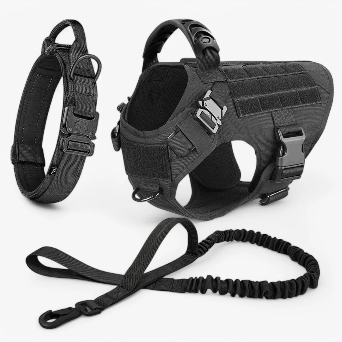 Tactical dog harness made from durable military-grade nylon, featuring a quick-release system and a sturdy handle for enhanced training and control. 9
