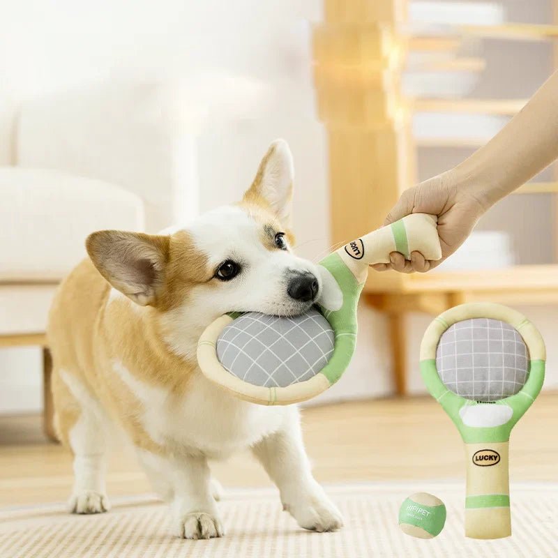 Tennis Racket-Shaped Dog Toy with Crinkle Sound – Plush Dental Chew for Small Dogs 2