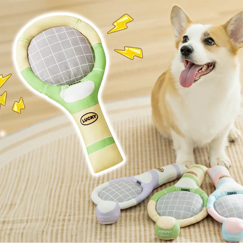 Tennis Racket-Shaped Dog Toy with Crinkle Sound – Plush Dental Chew for Small Dogs 3