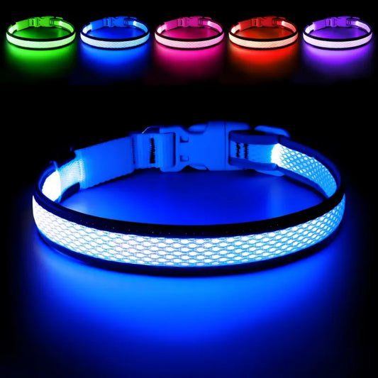 USB rechargeable LED dog collar featuring an anti-lost design, perfect for night walks, made from comfortable soft fabric. 0