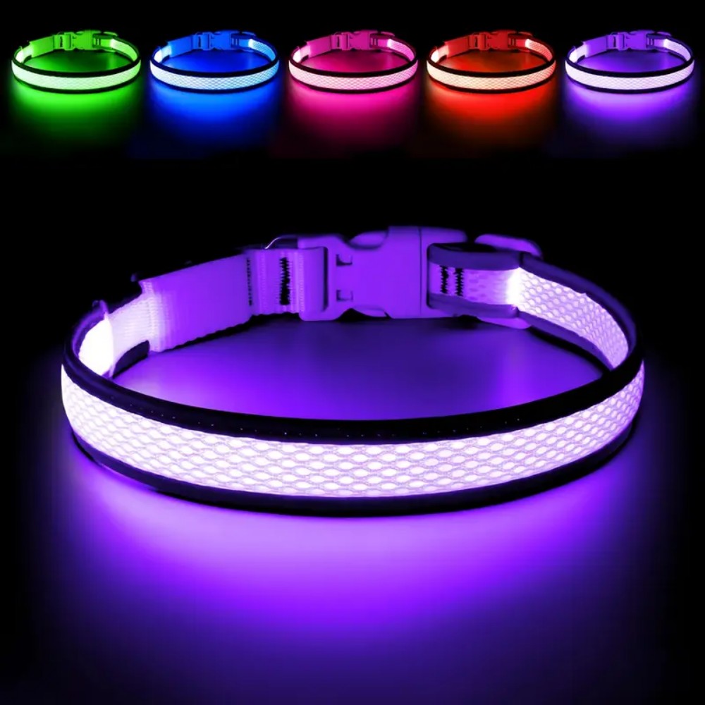 USB rechargeable LED dog collar featuring an anti-lost design, perfect for night walks, made from comfortable soft fabric. 6