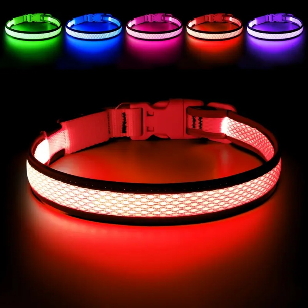 USB rechargeable LED dog collar featuring an anti-lost design, perfect for night walks, made from comfortable soft fabric. 7