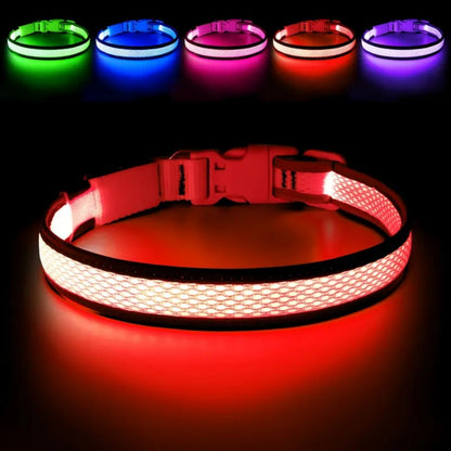 USB rechargeable LED dog collar featuring an anti-lost design, perfect for night walks, made from comfortable soft fabric. 7