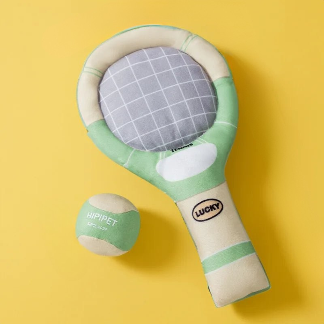 Tennis Racket-Shaped Dog Toy with Crinkle Sound – Plush Dental Chew for Small Dogs