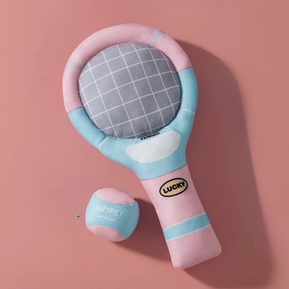 Tennis Racket-Shaped Dog Toy with Crinkle Sound – Plush Dental Chew for Small Dogs