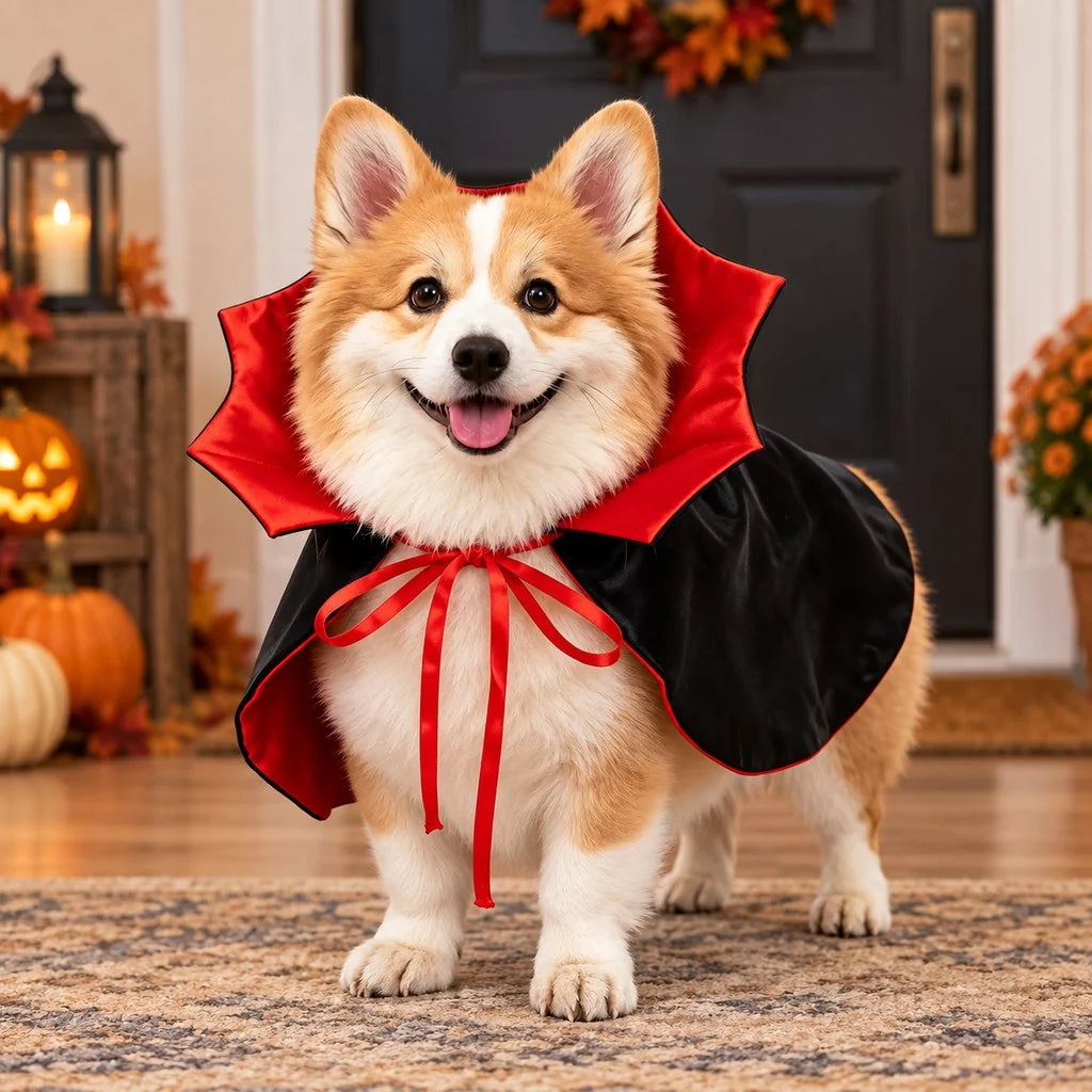 Vampire dog costume cape in black and red polyester featuring a dramatic stand-up collar, perfect for Halloween pet attire. 0