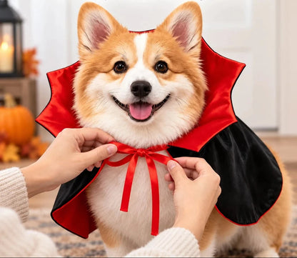 Vampire dog costume cape in black and red polyester featuring a dramatic stand-up collar, perfect for Halloween pet attire. 4