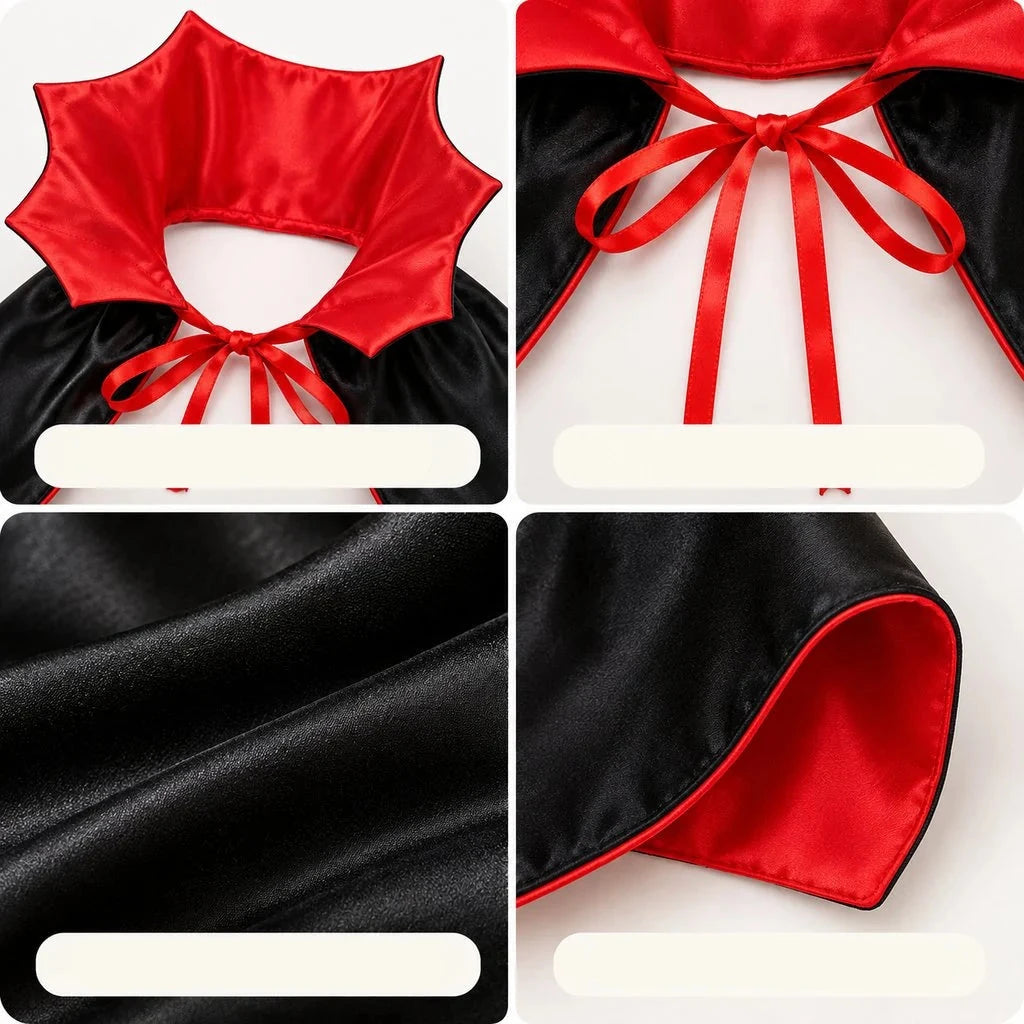 Vampire dog costume cape in black and red polyester featuring a dramatic stand-up collar, perfect for Halloween pet attire. 8