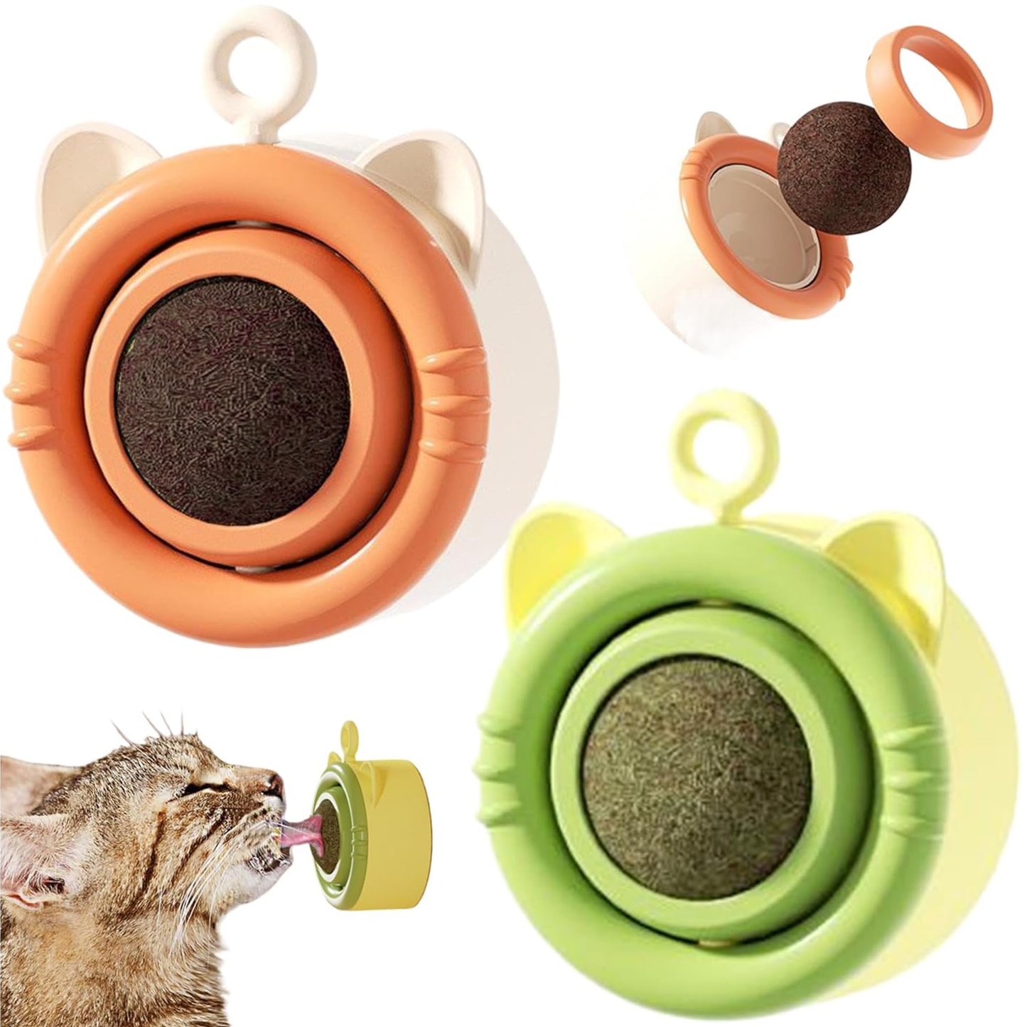 Wall-mounted cat toy featuring a rotatable ball and catnip, designed for space-saving indoor play for cats, enhancing their entertainment and exercise. 0