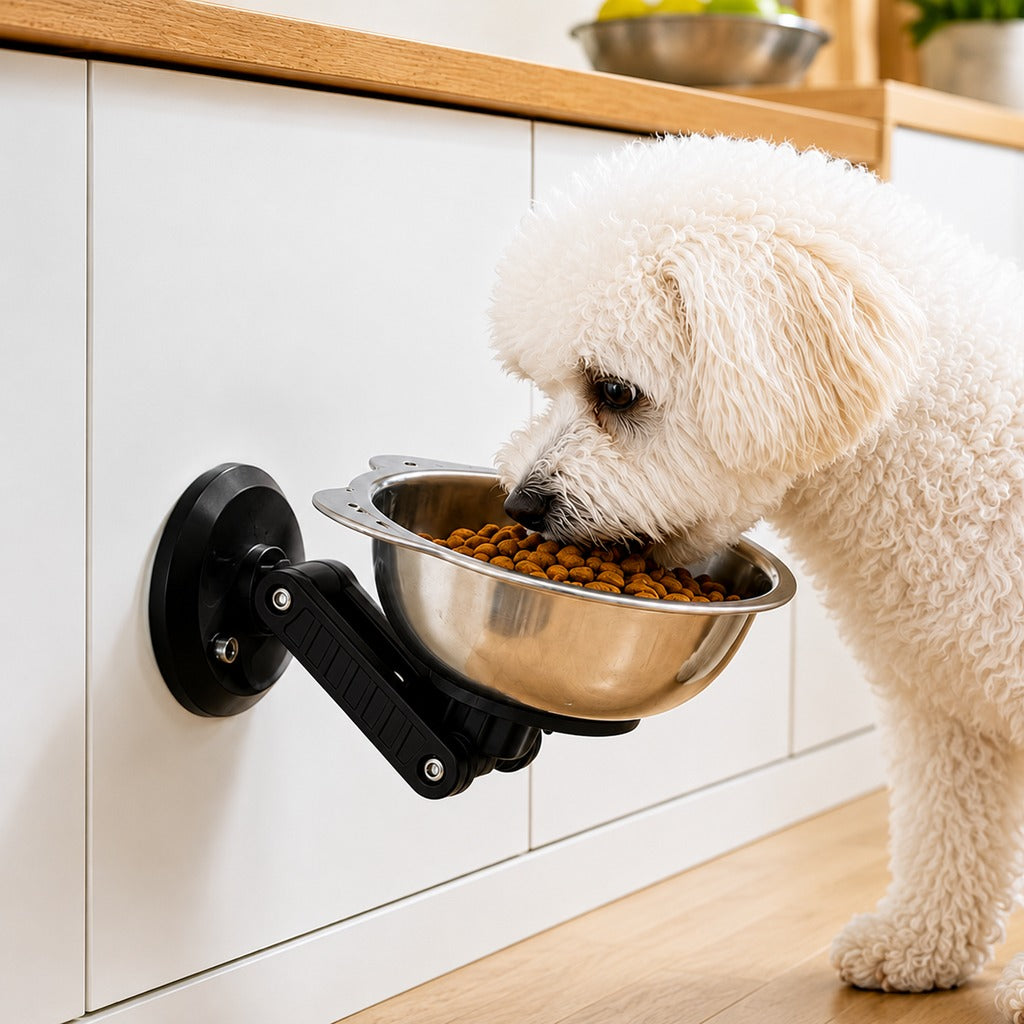 Wall-mounted elevated pet bowl with no-drill suction mount, designed for small dogs and cats, featuring a sleek stainless steel finish for durability and easy cleaning 0