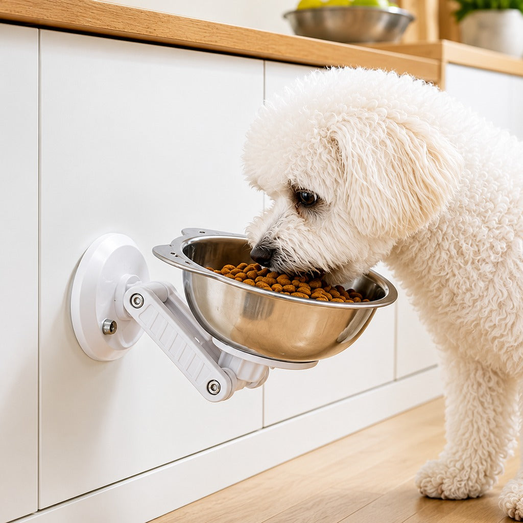 Wall-mounted elevated pet bowl with no-drill suction mount, designed for small dogs and cats, featuring a sleek stainless steel finish for durability and easy cleaning 1