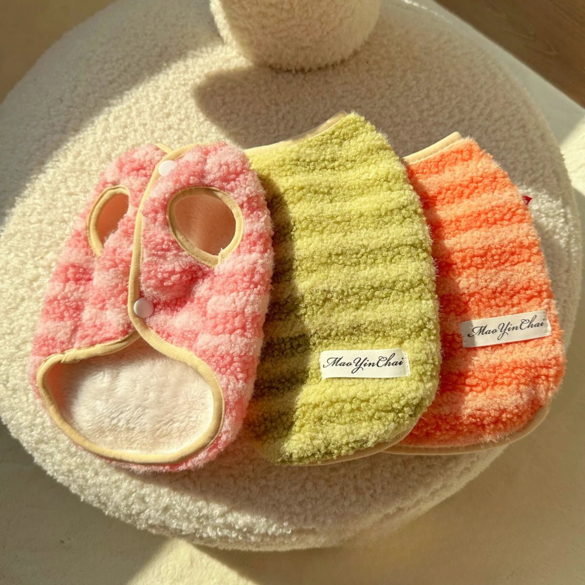 Warm Dog Vest in Striped Matcha Green and Orange - Thickened Polar Fleece for Autumn/Winter, Sizes S-XXL 2