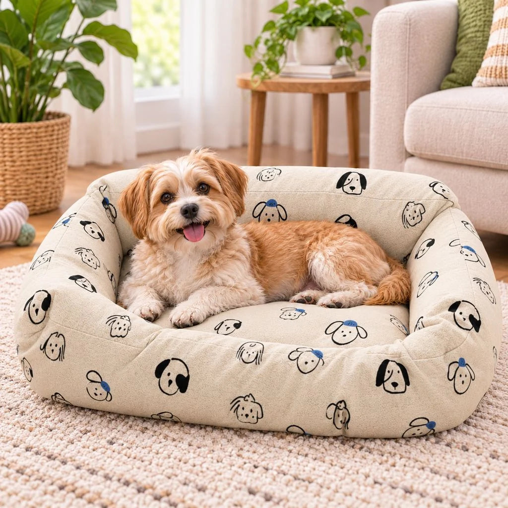 Washable dog bed cover replacement made from easy-clean fabric, designed to protect against hair and dirt while adding style to your pet's bedding. 0