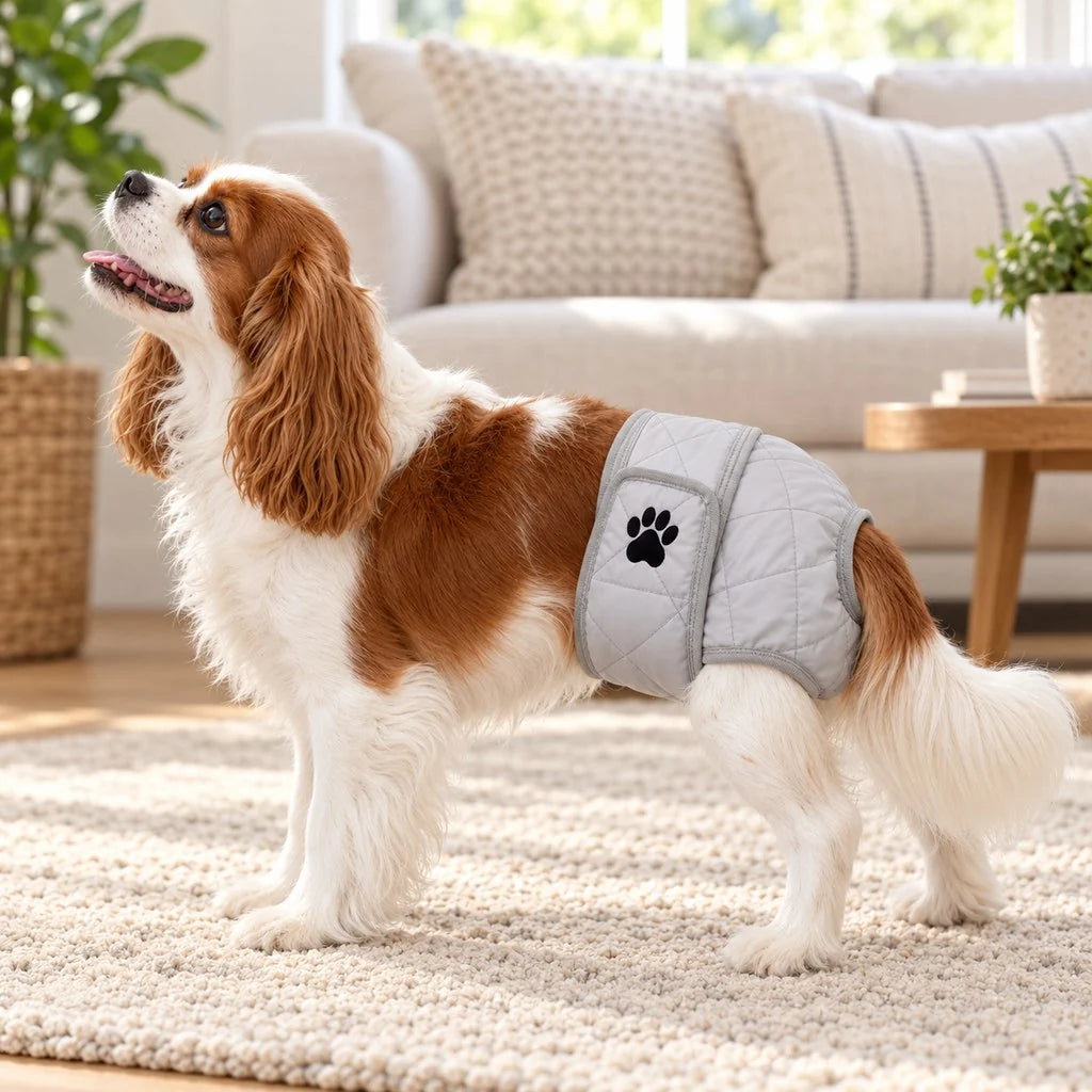 Washable dog diaper for female dogs featuring an adjustable fit, designed for heat cycles and incontinence, made from soft quilted fabric for comfort and durability 0
