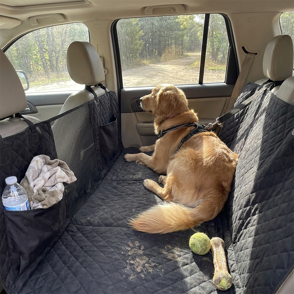Waterproof dog car hammock with anti-slip bottom, designed for heavy-duty protection of back seats in cars and SUVs, featuring durable materials and a secure fit 1