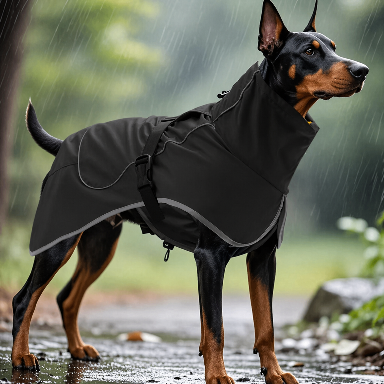 Waterproof dog raincoat featuring adjustable straps and reflective strips, designed for all-weather protection for small, medium, and large dogs. 0