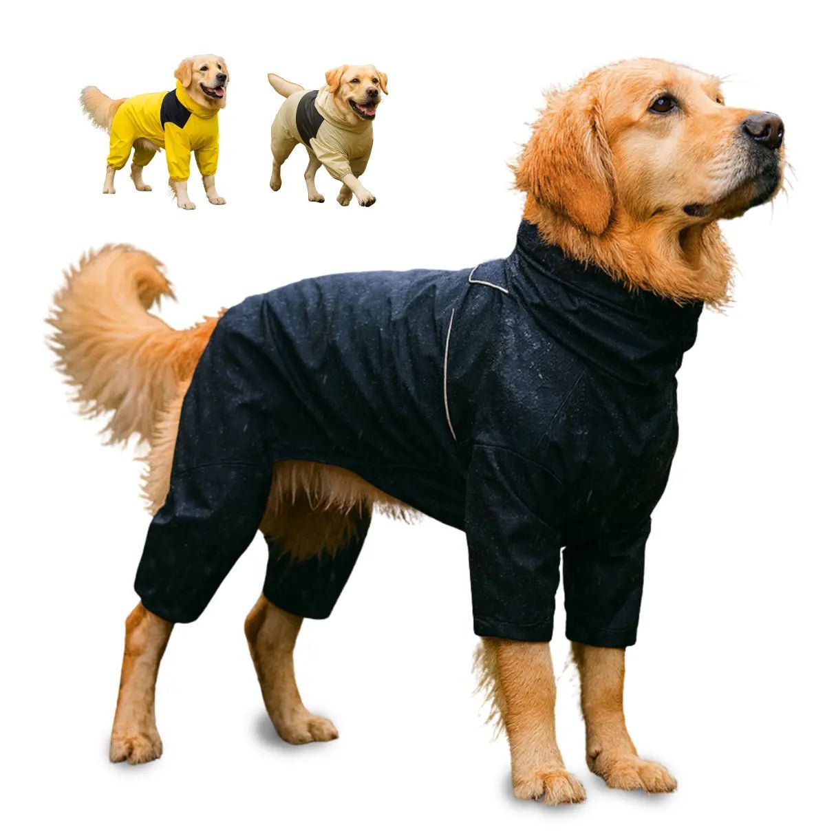Waterproof dog raincoat with hood, designed for full coverage protection, made from lightweight polyester for all weather conditions. 1
