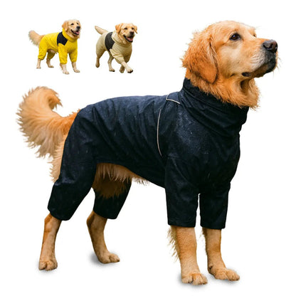 Waterproof dog raincoat with hood, designed for full coverage protection, made from lightweight polyester for all weather conditions. 1