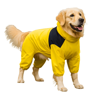 Waterproof dog raincoat with hood, designed for full coverage protection, made from lightweight polyester for all weather conditions. 10