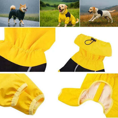 Waterproof dog raincoat with hood, designed for full coverage protection, made from lightweight polyester for all weather conditions. 7