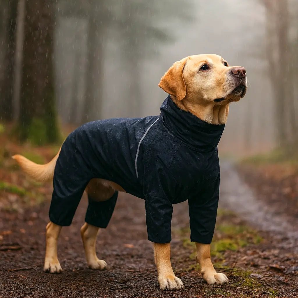 Waterproof dog raincoat with hood, designed for full coverage protection, made from lightweight polyester for all weather conditions. 8