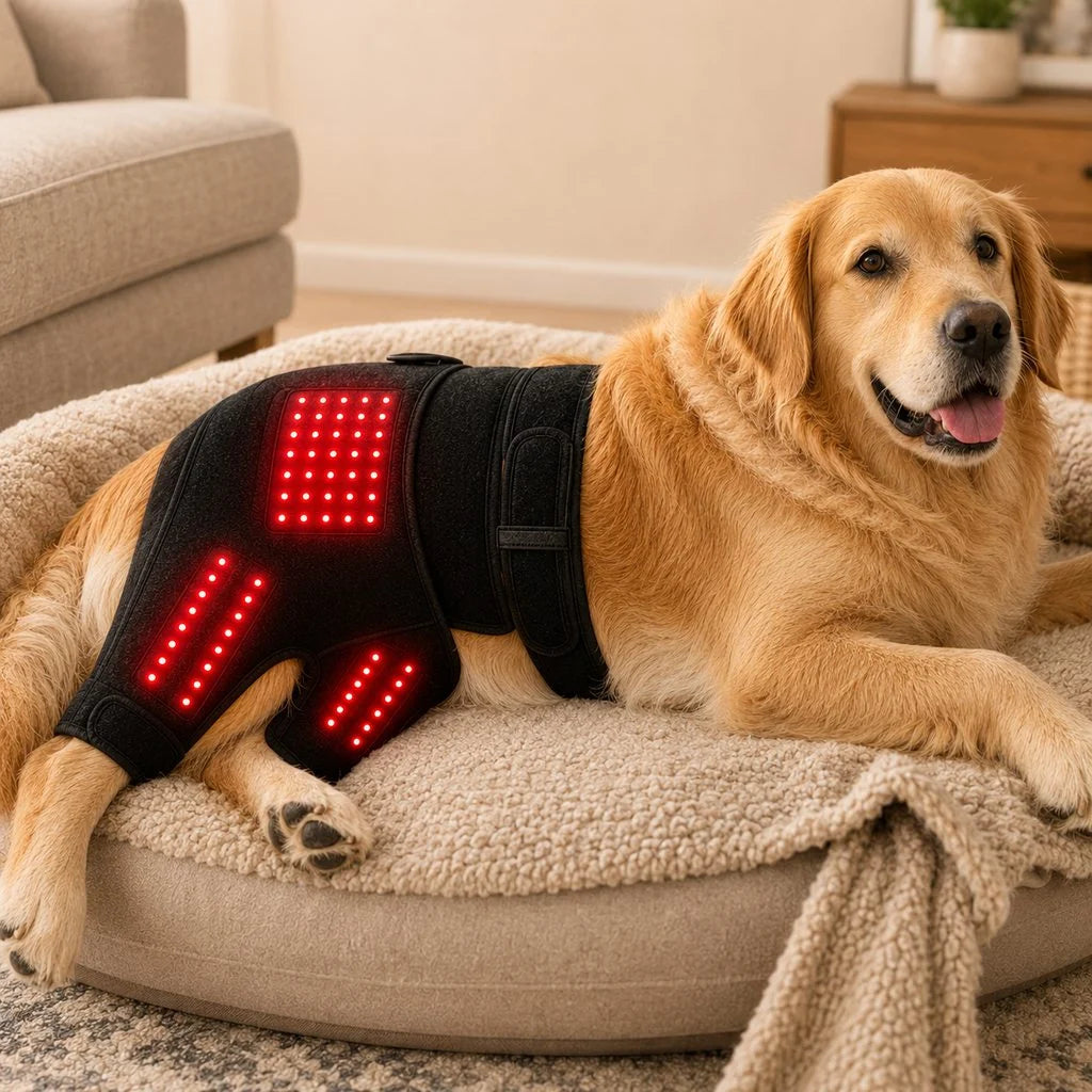 Wearable Dog Red Light Therapy Sleeve for Joint Comfort featuring dual-wavelength technology, adjustable fit for hip and leg areas, designed to relieve pain and improve 0