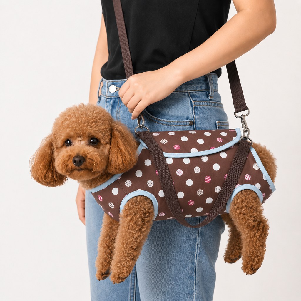 Wearable pet carrier harness for small dogs and cats featuring breathable mesh fabric, hands-free design, and available in playful polka dot patterns. 0