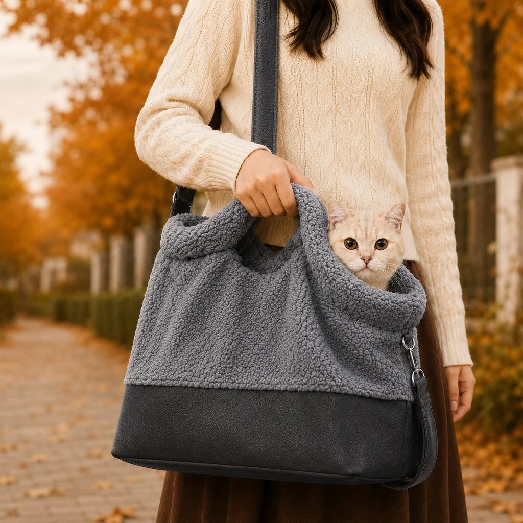 Winter Sherpa pet carrier bag in brown and grey with a reinforced bottom, designed for cats and small pets, featuring a cozy shoulder tote style for comfortable 0