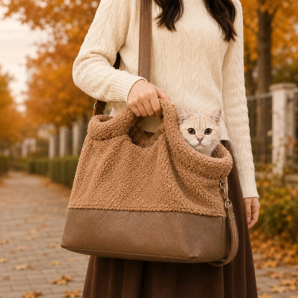 Winter Sherpa pet carrier bag in brown and grey with a reinforced bottom, designed for cats and small pets, featuring a cozy shoulder tote style for comfortable 1
