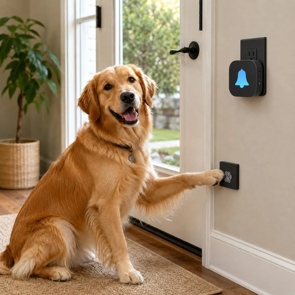 Wireless dog doorbell for potty training featuring a self-powered paw button and a modern plug-in receiver, designed for convenient and effective pet communication. 0