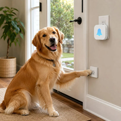 Wireless dog doorbell for potty training featuring a self-powered paw button and a modern plug-in receiver, designed for convenient and effective pet communication. 1