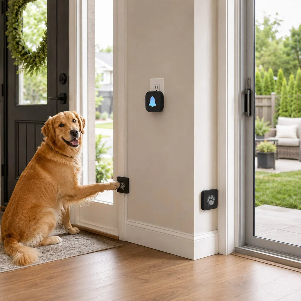 Wireless dog doorbell for potty training featuring a self-powered paw button and a modern plug-in receiver, designed for convenient and effective pet communication. 10